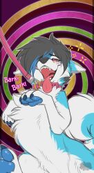  black_hair blue_hair blush collar dazed dog_boy dog_pose furry happy_trance kaa_eyes leash male_only malesub multicolored_hair open_mouth pet_play smile spiral text tongue tongue_out yuniwusky 