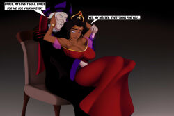 black_hair breasts deltathelion disney esmeralda femsub frollo happy_trance harem_outfit large_breasts text the_hunchback_of_notre_dame