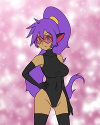  blue_eyes collarbone empty_eyes fake_animal_ears female_only femsub gloves hand_on_hip leotard looking_at_viewer mythkaz opera_gloves ponytail purple_hair shantae shantae_(series) solo standing thighhighs very_long_hair visor 