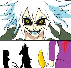 black_sclera blonde_hair blood danemis death doudile empty_eyes evil_smile expressionless femdom femsub open_mouth original red_eyes smile very_long_hair white_hair witch yellow_eyes
