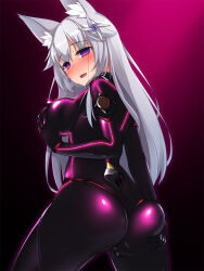  alternate_costume alternate_hair_color animal_ears ass ass_grab blush bodysuit breast_grab breath empty_eyes erect_nipples erect_nipples_under_clothes female_only femsub fox_ears fox_girl glowing gradient_background grey_hair looking_at_viewer looking_back miyashiro mizuki_(kutan) open_mouth original pink_background purple_eyes pussy_juice rubber simple_background solo sweat very_long_hair 