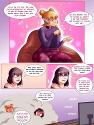 black_hair blonde_hair choker comic feminization gothification hair_buns headphones long_hair nail_polish necklace speech_bubble text themightfenek