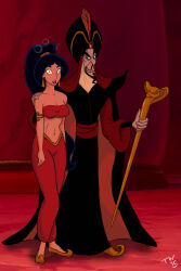 aladdin_(series) black_hair breasts collar dark_skin disney earrings expressionless femsub glowing glowing_eyes harem_outfit hat hypnotic_eyes jafar jewelry large_breasts long_hair magic magic_wand magician maledom open_mouth princess princess_jasmine red_eyes staff standing standing_at_attention trishbot western