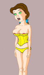 beauty_and_the_beast belle breasts brown_hair cleavage clothed_exposure corset disney expressionless female_only femsub large_breasts mike184 open_mouth panties ponytail princess ring_eyes standing standing_at_attention underwear western
