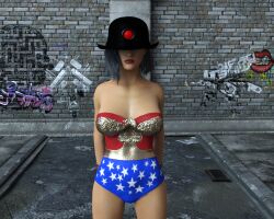 3d arms_behind_back bare_shoulders black_hair bracers cleavage collarbone dc_comics disney exposed_chest expressionless female_only femsub hat hypnovideotoo leotard lipstick meet_the_robinsons red_lipstick short_hair solo standing standing_at_attention super_hero tech_control wide_hips wonder_woman