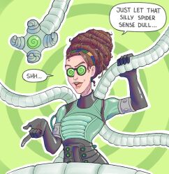 absurdres brown_hair dialogue female_only femdom goggles marvel_comics olivia_octavius open_mouth pov pov_sub shozaya smile solo spider-man_(series) spiral super_hero symbol_in_eyes tech_control tentacles text tongue 