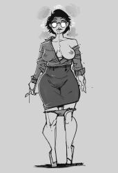  black_hair breasts cameltoe clipboard collarbone darkhatboy drool earrings erect_nipples_under_clothes female_only femsub glasses grey_background high_heels monochrome nipples office_lady one_breast_out open_mouth original panties piercing shirt short_hair simple_background sketch skirt solo soooaudrey spiral spiral_eyes standing symbol_in_eyes tagme 