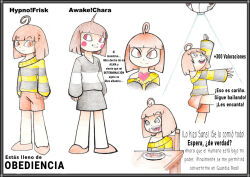 ahoge awake-san blush breasts brown_eyes brown_hair chara_(undertale) cheeks clothed dialogue disguised_hypnotist female_only femdom femsub food frisk_(undertale) happy_trance heart hypno-tan hypnotic_food hypnotic_light maledom mettaton open_mouth original papyrus_(undertale) red_eyes sans_(undertale) short_hair shorts skirt small_breasts smile spanish spiral_eyes sweater symbol_in_eyes tagme tech_control text tongue undertale