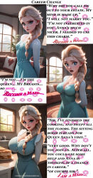 ai_art before_and_after breast_expansion caption disney femsub frozen large_breasts maid_headdress maledom pov_dom queen_elsa surprised