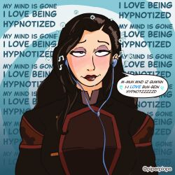 asami_sato avatar_the_last_airbender black_hair dazed dialogue drool earbuds eye_roll happy_trance legend_of_korra long_hair mantra piperplops self_hypnosis spiral_background text