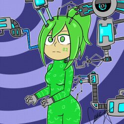 bodysuit brain_injection breasts cables drone empty_eyes expressionless female_only femsub gloves green_eyes green_hair hypnotic_accessory large_breasts microchip original robot robot_girl robotization shyker simple_background skyia_(nobody-kadaj) standing tattoo tech_control text tubes watermark