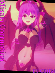 3d arms_above_head breasts cbhm cleavage cover crotch_tattoo english_text femsub horns koikatsu! looking_at_viewer misaki_(rise_of_corruption) outdoors pink_eyes pink_hair possession rise_of_corruption succubus tail tattoo text wings