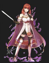  bare_shoulders black_background breasts celica_(fire_emblem) cm_lynarc corruption dress earrings fire_emblem fire_emblem_echoes fire_emblem_engage gloves highres jewelry looking_at_viewer medium_hair nintendo orange_hair red_eyes smile solo sword thighhighs weapon 