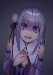  bare_shoulders emilia_(re:zero) female_only femsub happy_trance ishisora long_hair looking_at_viewer mind_break nightmare_fuel pov purple_eyes re:zero_starting_life_in_another_world smile solo straight-cut_bangs white_hair 