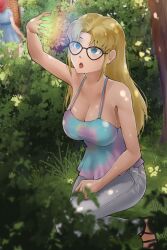  accidental_hypnosis aurora_(jabberwocky) blonde_hair blue_eyes cleavage clothed empty_eyes female_only femsub glasses hypnotic_light jeans large_breasts long_hair open_mouth original outdoors self_hypnosis solo spiral_clicker tank_top trees xvein 