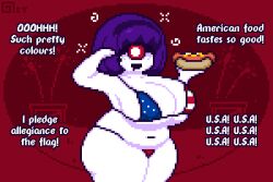 altered_common_sense bikini breast_expansion breasts cleavage copyright_request cyclops dialogue drool english_text eye_color_change femsub flag_bikini food hair_ornament headband huge_breasts looking_at_viewer micro_bikini monster_girl navel octette_(octotron2000) octotron2000 original pixel_art pov_dom purple_hair red_eyes short_hair smile spiral symbol text thick_thighs unaware weight_gain white_skin wide_hips