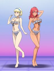 barefoot blonde_hair blush cleavage constance_von_nuvelle dancing earrings empty_eyes female_only femsub fire_emblem fire_emblem_three_houses hairband hapi happy_trance harem_outfit heart_eyes large_breasts looking_at_viewer messy_hair micro_bikini multiple_girls multiple_subs navel nintendo purple_eyes red_hair shinzu short_hair smile symbol_in_eyes 