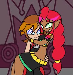 aged_up bare_shoulders belt blue_eyes bracelet braid breath_of_the_wild brown_hair consensual crossover dark_skin disney elf_ears eyebrows_visible_through_hair eyelashes femsub gerudo green_eyes happy_trance hug hypnoscream kingdom_hearts large_breasts long_hair love makeela_riju malesub midriff necklace nintendo red_hair shiny_hair short_hair simple_background sitting sitting_on_lap skirt smile sora square_enix sub_on_sub tank_top tears_of_the_kingdom the_legend_of_zelda wide_hips