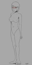 absurdres barefoot bodysuit breasts digimon erect_nipples expressionless feet femsub glowing glowing_eyes hypnotic_accessory kari_kamiya large_breasts leotard microchip red_eyes rutilus short_hair sketch standing standing_at_attention tech_control traditional