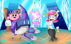 blue_eyes breasts dazed drool femsub goggles goggles_on_head headphones hypnotic_orb kirby kirby_(series) large_breasts long_hair maledom nintendo open_mouth orb pink_hair robot saluting skirt sortish spiral_eyes standing standing_at_attention susie_(kirby) symbol_in_eyes tech_control