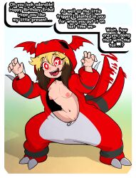  altered_common_sense alternate_costume blonde_hair brown_hair digimon digimon_tamers disguised_hypnotist drool erika_(er-ikaa) guilmon happy_trance original piercing ring_eyes tagme tail 