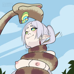 absurdres bare_breasts bare_shoulders blush breasts breasts_outside coils dazed disney earrings elf_ears erect_nipples eyebrows_visible_through_hair eyelashes femsub frieren frieren:_beyond_journey&#039;s_end happy_trance hypnotic_eyes kaa kaa_eyes lairreverenteboladepelos long_hair maledom meme multicolored_eyes nipples no_bra nude open_mouth outdoors plant restrained smile snake the_jungle_book topless twintails unaware white_hair