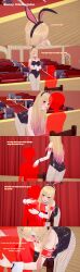  absurdres animal_ears anoni_hypno arm_bands blonde_hair brown_eyes bunny_ears bunny_girl bunnysuit choker closed_eyes clothed dialogue drool english_text fake_animal_ears femsub fishnets long_hair maledom marin_kitagawa my_dress-up_darling stage_hypnosis sweat text 