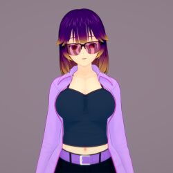  3d bangs belt clothed collarbone drool ember_(thehguy) empty_eyes expressionless female_only femsub glasses grey_background hypnotic_accessory jacket koikatsu! midriff multicolored_hair orange_hair original purple_hair simple_background solo standing straight-cut_bangs tank_top thehguy 