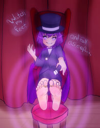  barefoot digi-runner feet femdom foot_focus hat hypnotic_feet looking_at_viewer magic magic_wand magician original pov pov_sub purple_hair short_hair sketch sleep_command smile spiral_eyes stage_hypnosis symbol_in_eyes text toe_ring traditional 