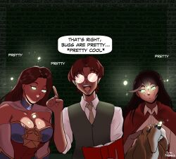 bioluminescence black_hair brown_hair cape cleavage crossed_eyes dazed dialogue dog drool dungeons_and_dragons english_text femsub glasses glowing glowing_eyes happy_trance hypnotic_light insect knight large_breasts long_hair multiple_girls multiple_subs open_mouth original short_hair simple_background smile spiral_eyes syas-nomis text tie