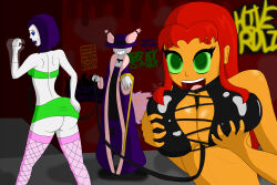 absurdres alien alien_girl ass black--wave blue_eyes breast_grab breasts cleavage collar dc_comics female_only femdom femsub green_eyes groping happy_trance huge_breasts jinx large_ass large_breasts leash long_hair open_mouth pink_hair prostitution purple_hair raven red_hair short_hair spiral_eyes starfire super_hero symbol_in_eyes teen_titans text western
