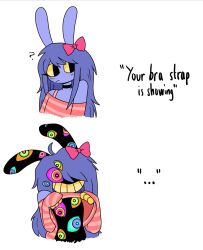  abstraction_(the_amazing_digital_circus) animal_ears black_eyes bow_tie bunny_ears bunny_girl choker corruption dialogue english_text femsub furry jax_(the_amazing_digital_circus) long_hair meme multiple_eyes purple_hair shirt_lift simple_background smile text the_amazing_digital_circus transfem transgender_identity white_background wrenzephyr2 