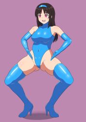  bangs bare_shoulders blue_lipstick boots breasts brown_hair empty_eyes eyeshadow gloves haigure happy_trance headdress high_heels leotard lipstick long_hair makeup open_mouth opera_gloves original pink_background pink_eyes rubber simple_background spread_legs swimsuit thigh_boots thighhighs tsuke_mono 