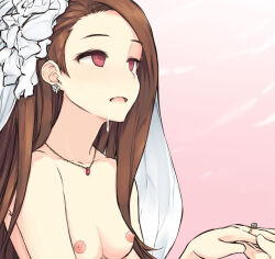  asterisk breasts bridal_veil brown_hair crossed_eyes drool earrings empty_eyes erect_nipples female_only femsub hypnosisisgreat_(manipper) iori_minase jewelry long_hair manip necklace nipples the_idolm@ster topless traditional wedding_dress wedding_ring 