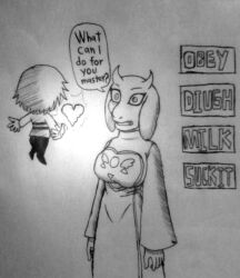  breasts dialogue doudile expressionless femsub frisk_(undertale) furry goat_girl heart horns large_breasts maledom open_mouth shota spiral_eyes standing standing_at_attention symbol_in_eyes text toriel_dreemurr traditional undertale 