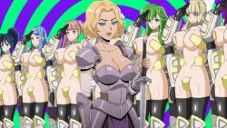 ai_art animated animated_gif armor blonde_hair breasts clothed_exposure creature_commandos dc_comics exposed_chest female_only femsub ilana_rostovic knight large_breasts legs long_hair looking_at_viewer manip multiple_girls multiple_subs navel okawari_muryou princess saluting short_hair spiral_eyes standing symbol_in_eyes tawarana_tawawa thick_thighs thighhighs thighs zupern0va_(manipper)