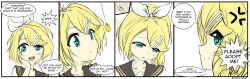 absurdres blonde_hair blue_eyes blush comic denial dialogue drool empty_eyes female_only femsub finger_snap gojulas open_mouth pendulum rin_kagamine short_hair solo text unaware vocaloid