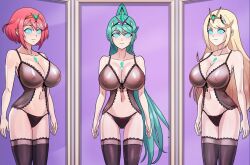  animated animated_gif blonde_hair breasts cleavage female_only femsub green_hair happy_trance huge_breasts lingerie long_hair mirror multiple_girls multiple_subs mythra_(xenoblade) navel nintendo pneuma_(xenoblade) ponytail pyra_(xenoblade) red_hair shinzu short_hair smile spiral_eyes standing symbol_in_eyes thighhighs underwear xenoblade_chronicles xenoblade_chronicles_2 