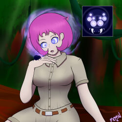 drool glowing_eyes hypnotic_eyes jungle m00n_key open_mouth original pink_hair signature spider stella_(moon_key) surprised symbol_in_eyes
