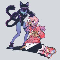  4five1 absurdres blue_skin cat_ears cat_tail drone eyebrows_visible_through_hair female_only femdom femsub glasses kneeling latex leggings leotard light_skin open_mouth original pink_hair ring_eyes shoes simple_background spiral_eyes standing surprised sweater twintails white_background 