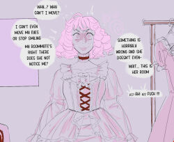aware bow brynkiwi catalepsy choker display dollification dress femsub freckles frills pink_eyes pink_hair posed spiral standing text thought_bubble unhappy_trance