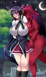 akeno_himejima bat_wings blush bottomless breast_press breasts chin_hold demon_girl enetheligthingdancer female_only femdom femsub high_school_dxd horns huge_breasts large_breasts long_hair monster_girl nude open_mouth original red_hair red_skin school_uniform smile spiral_eyes standing succubus symbol_in_eyes topless uniform wings wink yuri