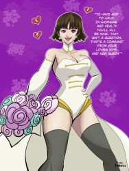  assertive_sub bare_shoulders bouquet brown_hair cleavage collarbone corruption dialogue earrings empty_eyes female_only femdom femsub flower gloves hand_on_hip heart hypnotized_dom leotard makoto_niijima open_mouth opera_gloves persona_(series) persona_5 purple_eyes short_hair signature simple_background smile syas-nomis text thighhighs thighs wedding_dress 