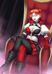 barbara_gordon batgirl batman_(series) breasts chair cleavage dc_comics empty_eyes female_only glasses hadant happy_trance large_breasts makeup necklace red_hair short_hair signature sitting solo super_hero watermark western