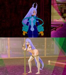  3d before_and_after blue_hair djiwedmewj empty_eyes femsub happy_trance harem_outfit large_breasts long_hair my_hero_academia nejire_hado pole_dancing 