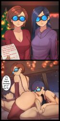 ai_art anal bare_breasts border bouncing_breasts christmas comic cowgirl_position english_text femsub gift goggles helen_parr hypnotic_accessory instant_loss licking lingerie maledom milf mother_and_daughter mrchypno_(generator) multiple_subs nude on_back open_mouth speech_bubble text the_incredibles violet_parr