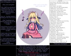 bangs blonde_hair caption cleavage cool_kyoushinsha dialogue doll dress femdom gloves hypnotic_breasts large_breasts livestream long_hair malesub manip monster_girl_quest pink_eyes resisting simple_background sitting stewarone_(manipper) straight-cut_bangs text