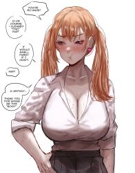  absurdres blush breasts cleavage clothed collarbone dialogue earrings english_text eyeshadow femsub globining jewelry large_breasts long_hair makeup orange_hair original possession red_eyes school_uniform simple_background skirt speech_bubble text tsundere twintails veins white_background 