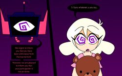 abbie_(mindwave) ahoge blonde_hair comic eyebrows_visible_through_hair eyelashes femsub gradient_background hypnoscream hypnotic_eyes hypnotic_screen looking_at_viewer mindwave open_mouth pajamas purple_background purple_eyes simple_background speech_bubble spiral_eyes surprised text