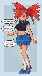  blue_background breasts choker crop_top dialogue erect_nipples_under_clothes female_only femsub flannery hair_ornament happy_trance long_hair looking_at_viewer midriff nintendo nipples pokemon pokemon_ruby_sapphire_and_emerald red_eyes red_hair ring_eyes school_uniform short_hair simple_background skirt smile sneakers socks solo speech_bubble spiral standing text vexypop 